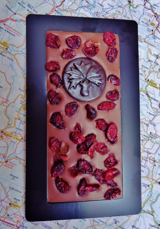 This chocolate came for my birthday too, all the way from Slovenia. The symbol is Slovenian carnation, the taste is cranberries and the map is Tuscany.