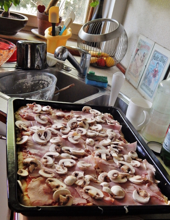 Ham, mushrooms and cheese to come.
